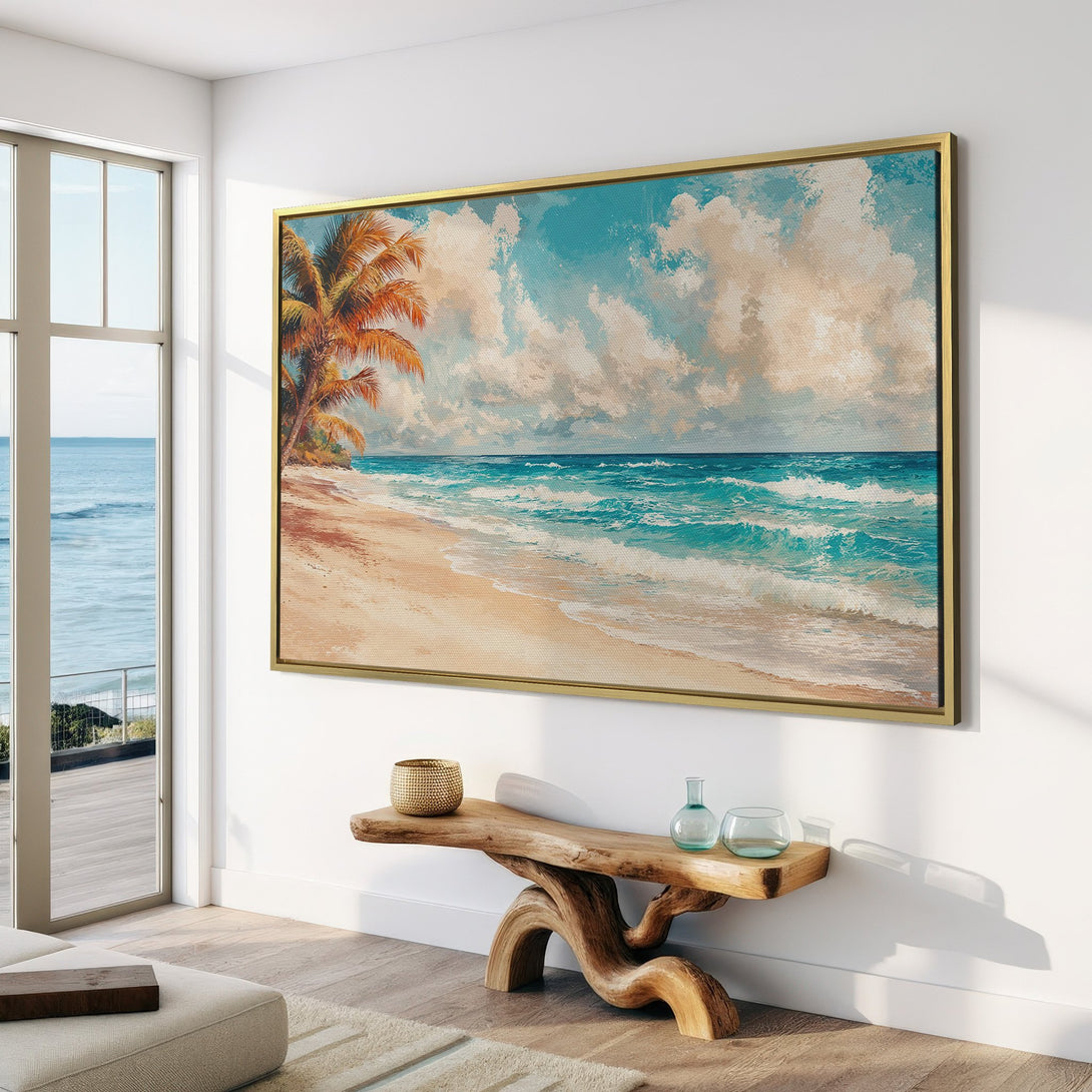 Canvas Print of a serene beach scene with palm trees, featuring a blue, beige, and orange color palette. Perfect coastal wall art!