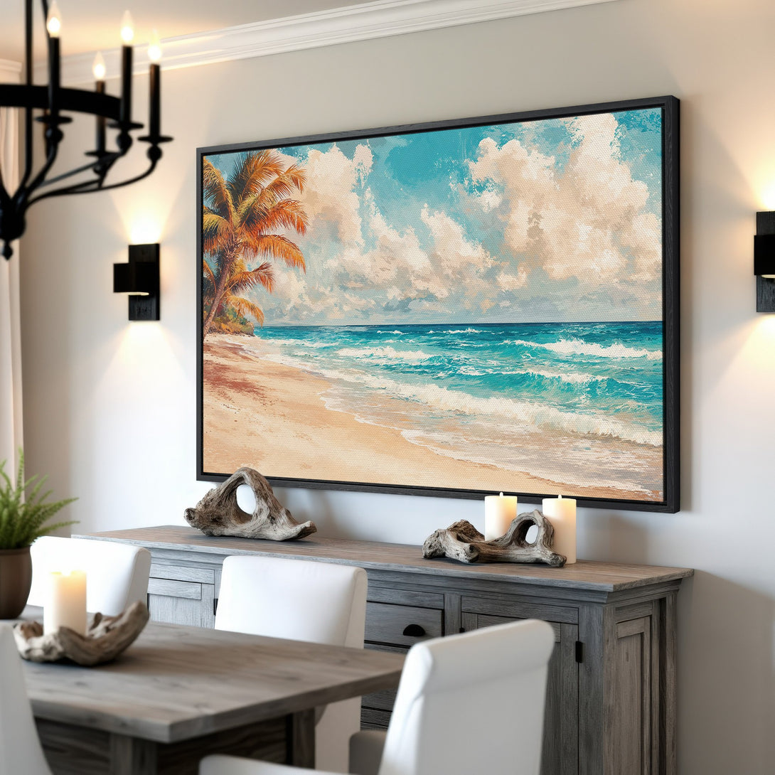 Framed Wall Art: Beach scene Canvas Print with palm trees, turquoise water, and sandy beach. Coastal style art in a blue, beige, and orange color palette.