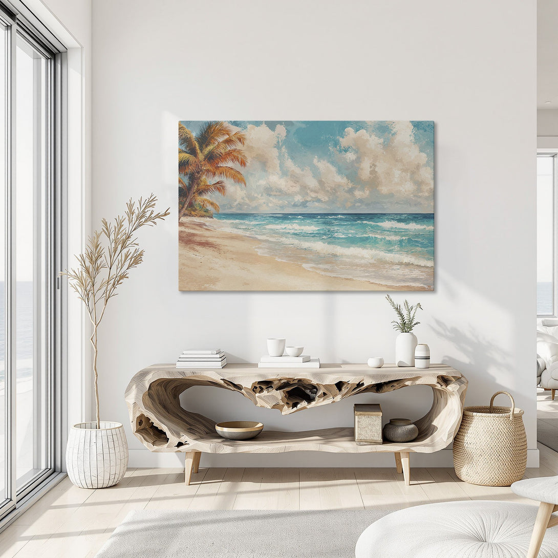 Framed Wall Art: Coastal beach scene Canvas Print with a golden frame. Features a blue and beige color palette, perfect for adding a touch of serenity to any space.