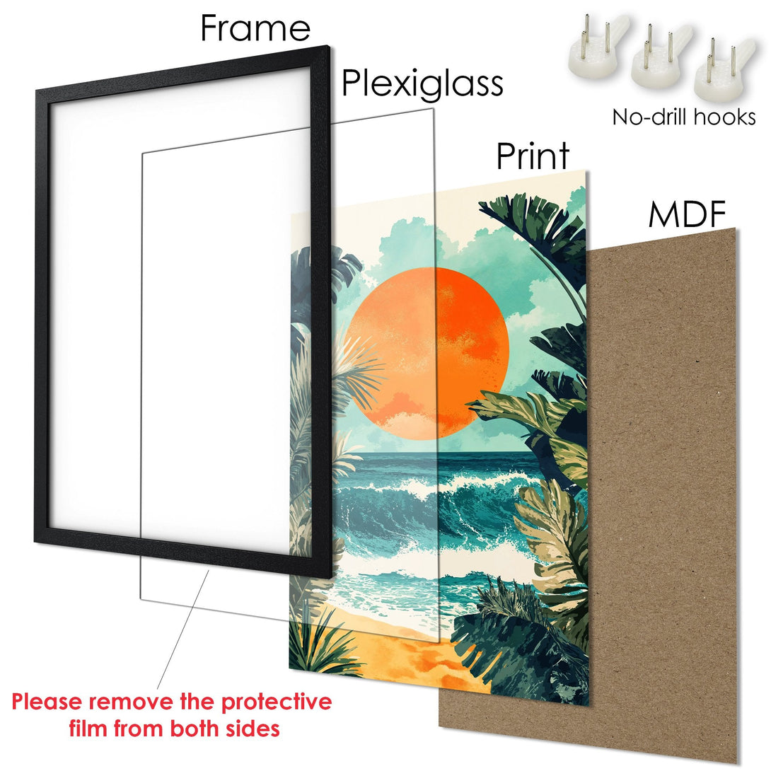 Framed Poster featuring a tropical beach scene with vibrant colors. Perfect wall art!