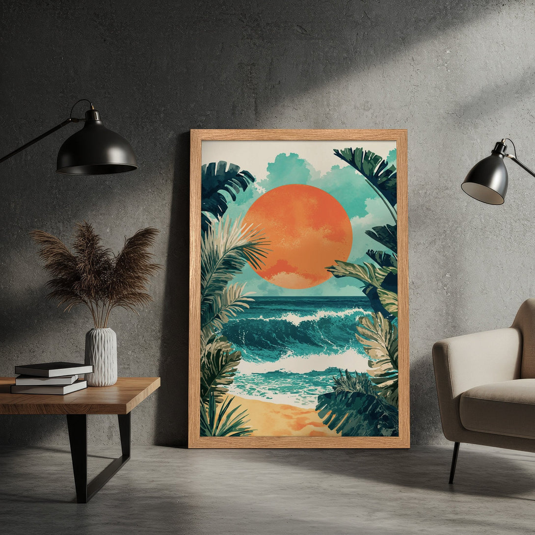Framed Poster featuring a tropical beach scene with a vibrant orange sun, lush green foliage, and turquoise waves. Perfect wall art!