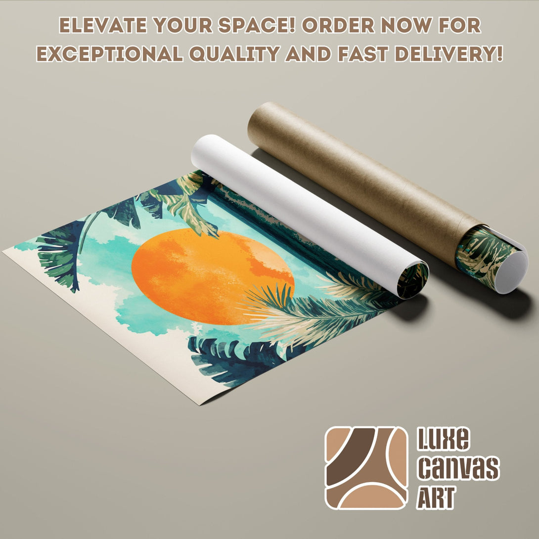 Poster Roll featuring a tropical sunset art print. Vibrant colors and modern style.