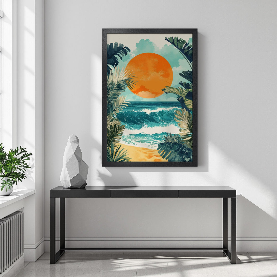 Framed Poster of a tropical beach scene with an orange sun, in a watercolor style, featuring a vibrant blue, green, and orange color palette.