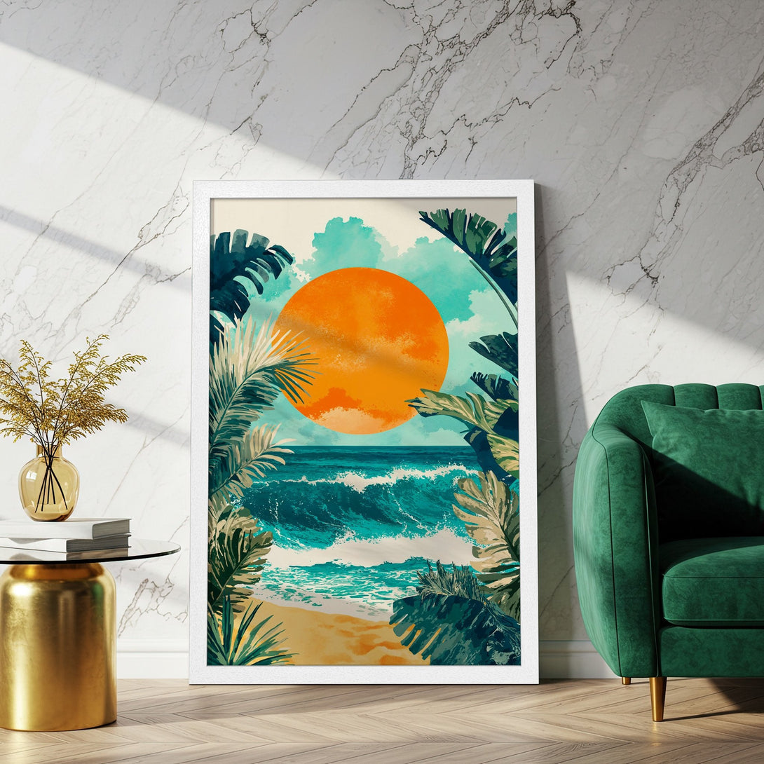 Framed Poster featuring a tropical beach scene with vibrant colors. Perfect wall art to bring a coastal vibe to your home.