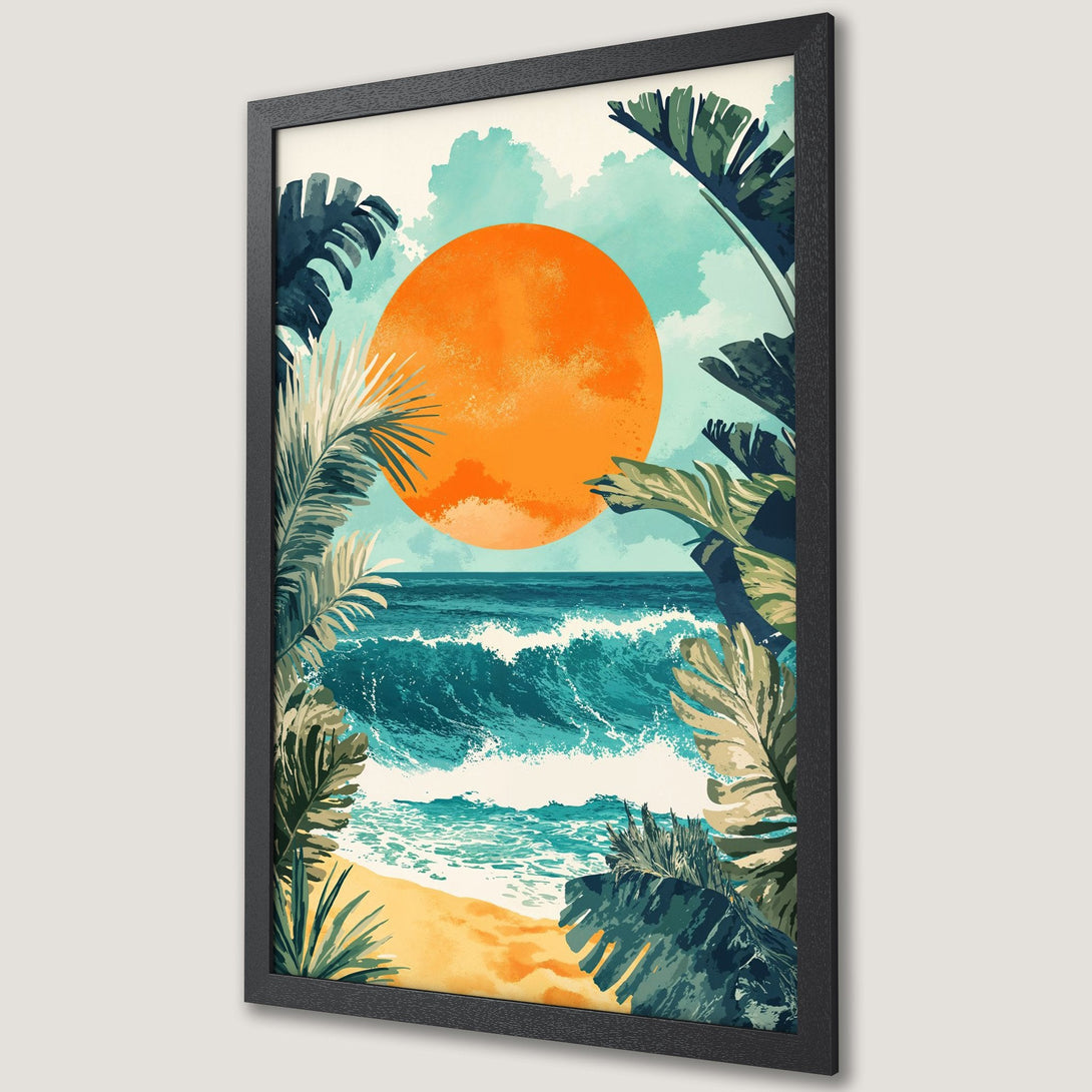 Framed Poster: Tropical beach art print with vibrant orange sun, blue ocean, and lush green foliage. Perfect for coastal decor.