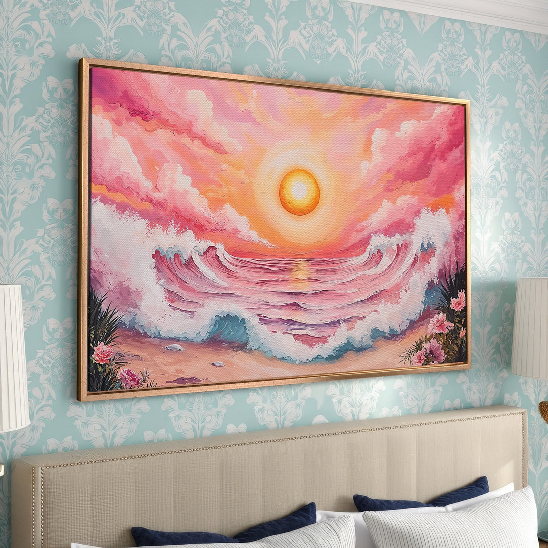 Framed Wall Art: Sunset ocean painting with vibrant pink, orange, and blue hues. Coastal art in a bedroom setting. Add a pop of color to your home!