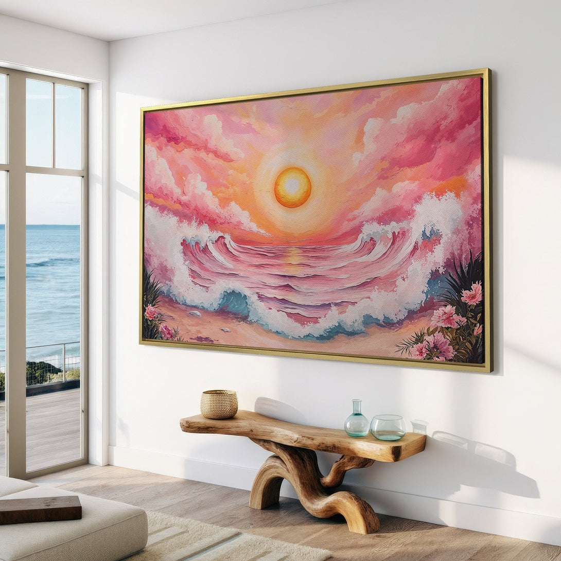 Canvas Print of a sunset over ocean waves. Romantic art style with pink, orange, and blue color palette. Perfect for coastal decor.
