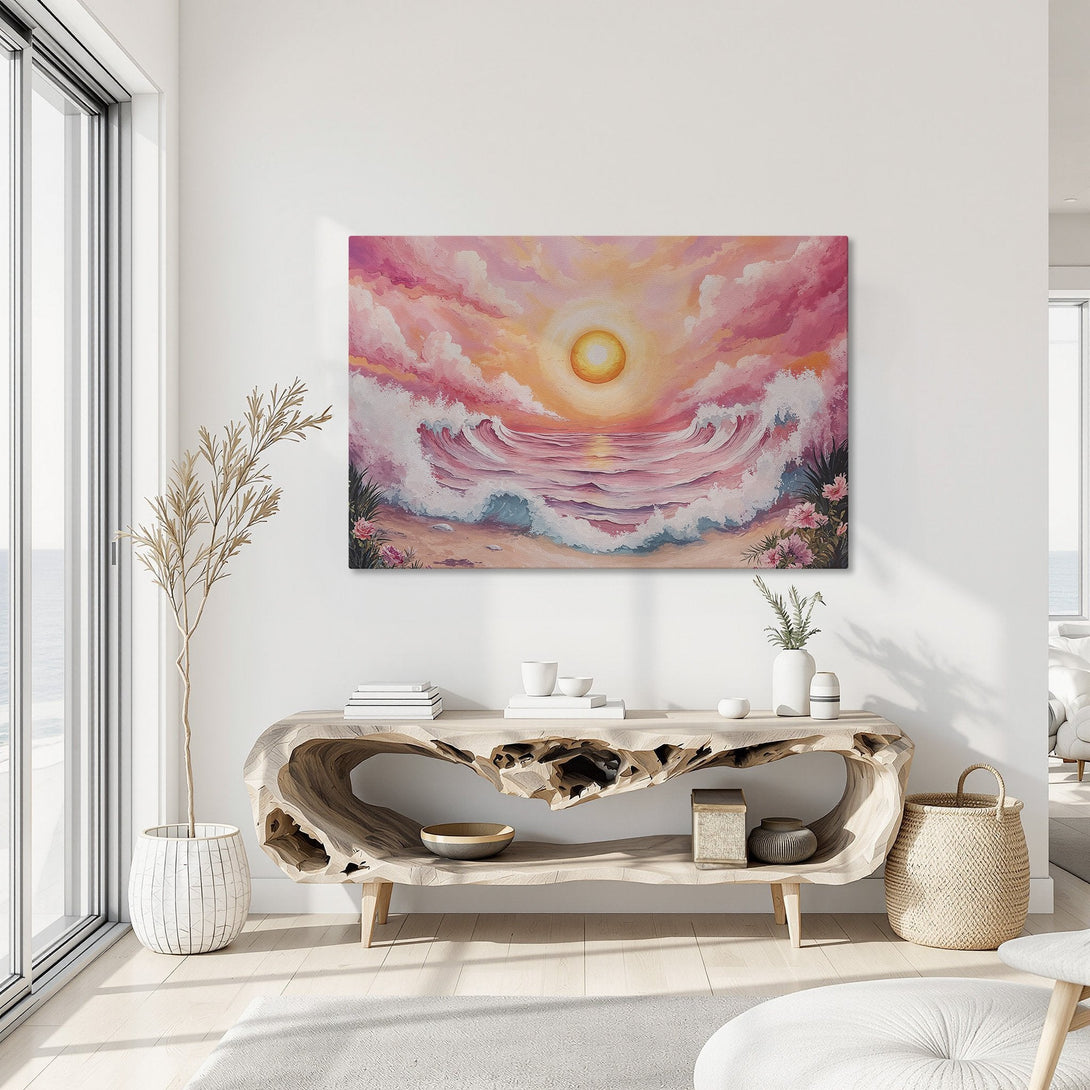 Framed Wall Art: Sunset ocean scene in pinks and oranges. Coastal abstract painting adds warmth and style to any interior. Shop now!
