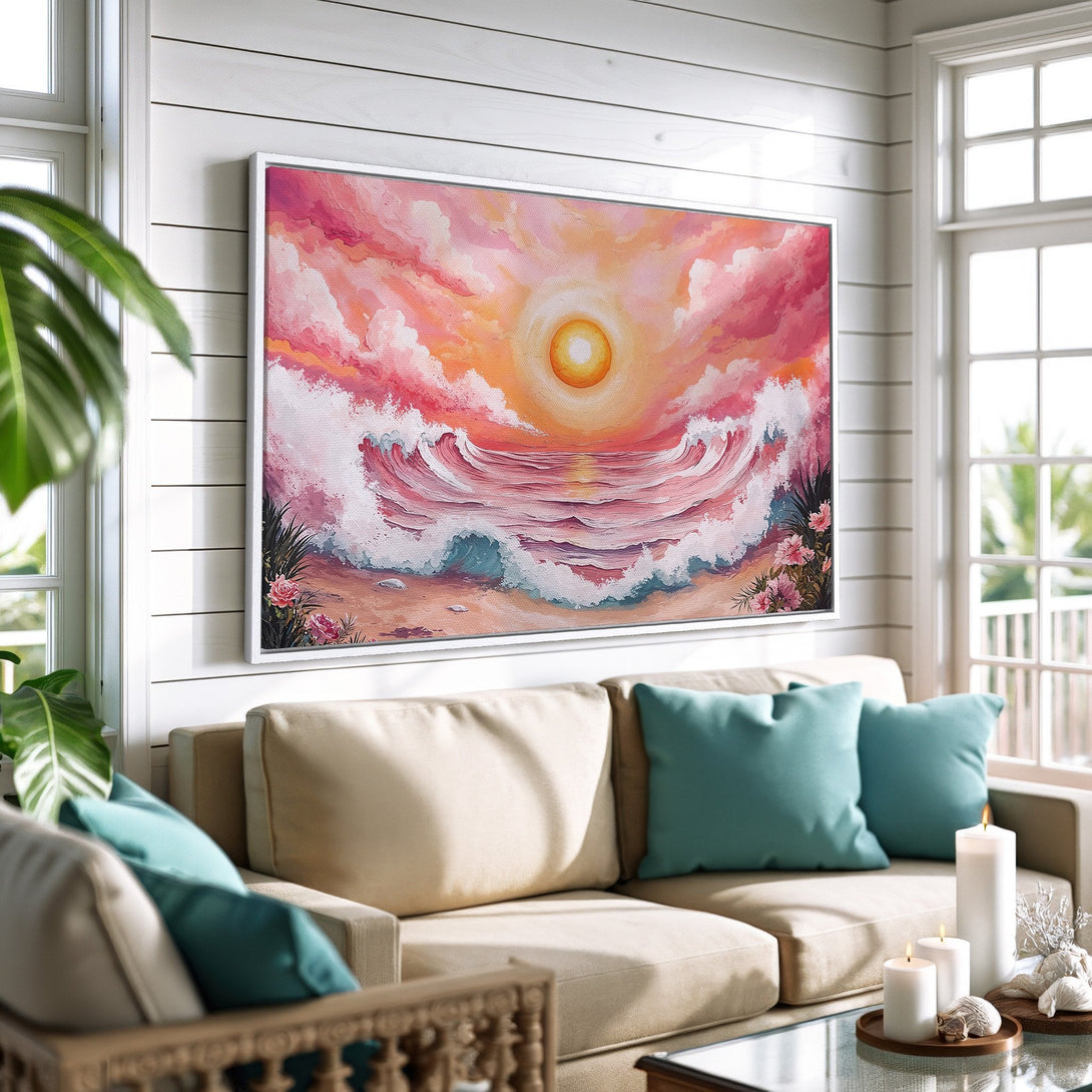 Framed Wall Art of a vibrant sunset over ocean waves. Impressionistic style, warm pink, orange, and blue color palette. Perfect for coastal decor.