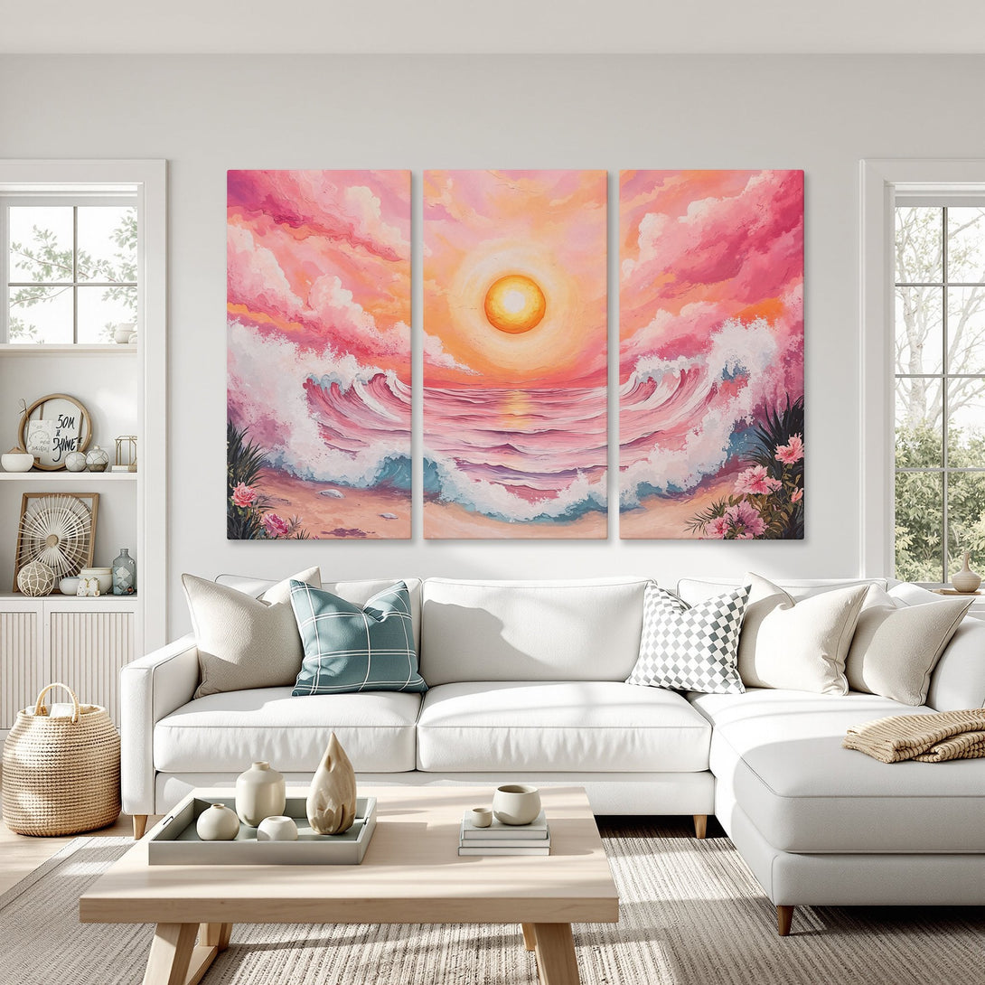 Canvas Print of a vibrant sunset over the ocean. Abstract style with pink, orange, and blue hues, perfect for coastal decor.