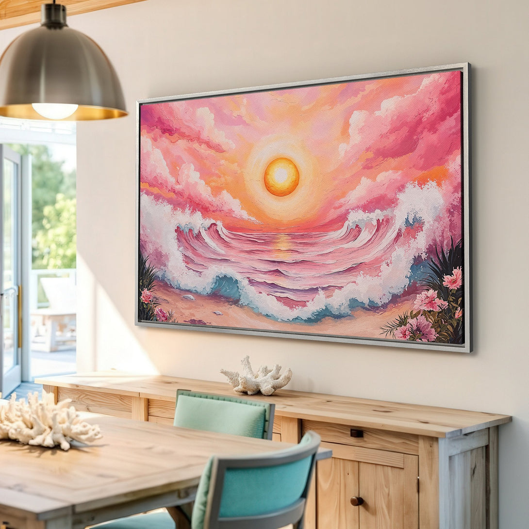 Framed Wall Art: Sunset beach scene Canvas Print in pink and orange hues. Coastal art for a serene home decor.