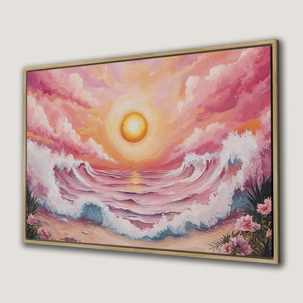 Canvas Print of a sunset over ocean waves, in a vibrant pink and orange palette. Coastal art for your home.