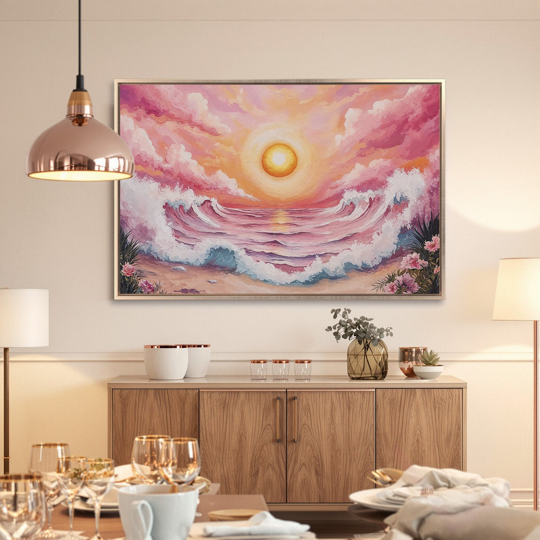 Framed Wall Art: Sunset ocean waves canvas print in pink and orange hues. Coastal art for a serene interior.