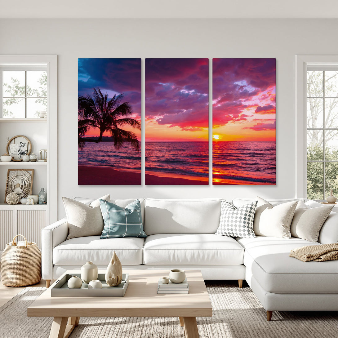 Canvas Print of a vibrant sunset over the ocean. Tropical art with a warm red, orange, and purple color palette. Perfect wall decor!