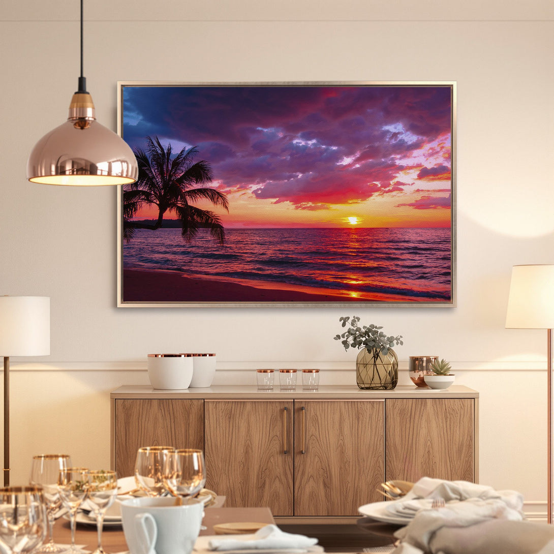 Framed Wall Art: Tropical sunset canvas print with vibrant red, orange, and purple hues. Perfect beach decor for a relaxing ambiance.