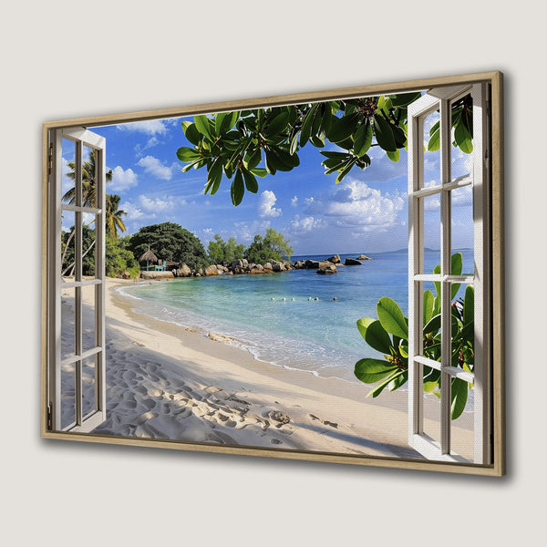 Canvas Print of a tropical beach scene, vibrant blue and green hues, framed wall art for coastal decor.