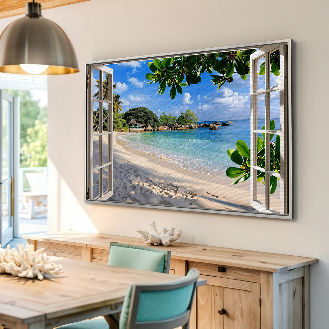 Framed Wall Art: Tropical beach scene in vibrant blues, greens, and sandy tones. Coastal decor Canvas Print adds a serene, vacation vibe to any space.