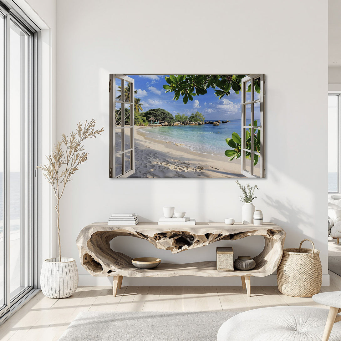 Framed Wall Art: Tropical beach scene Canvas Print with blue, green, and white hues. Coastal decor perfect for bringing the beach indoors.