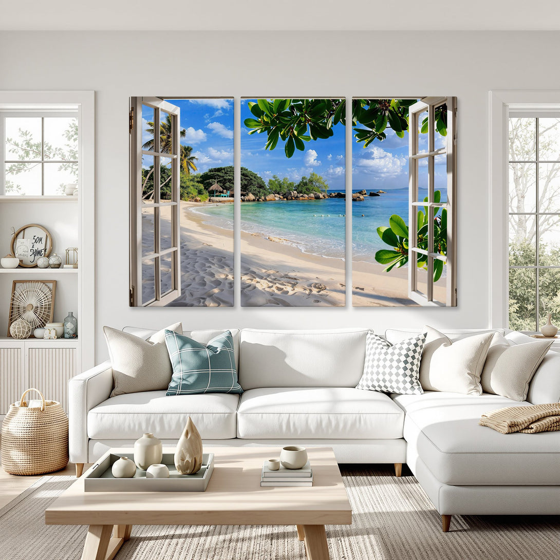 Canvas Print of a tropical beach scene in blue and green, displayed in a modern interior. Perfect for coastal decor!