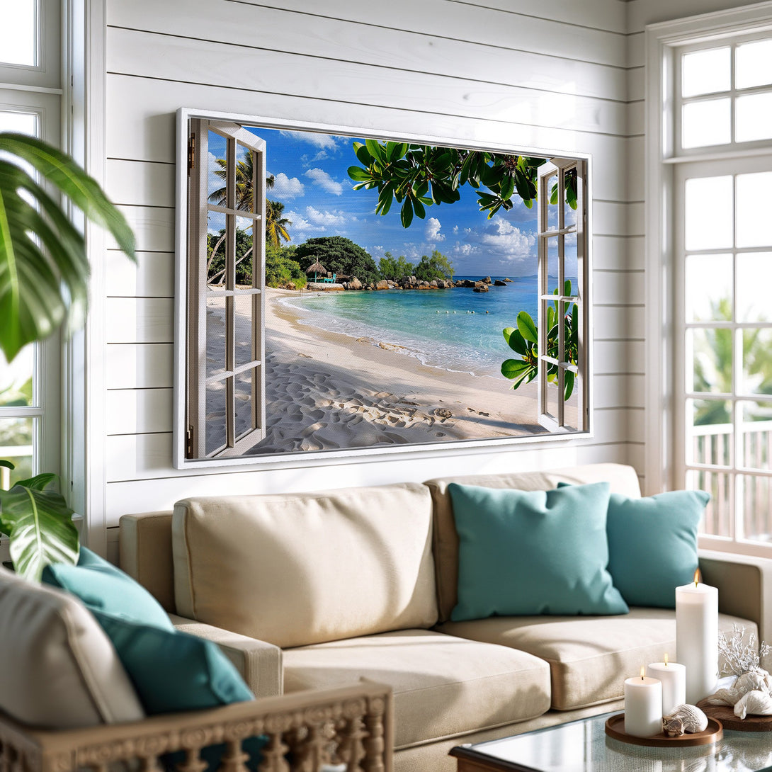 Framed Wall Art: Tropical beach scene canvas print in a coastal interior. Blue, green, and beige color palette. Bring the vacation vibes home!