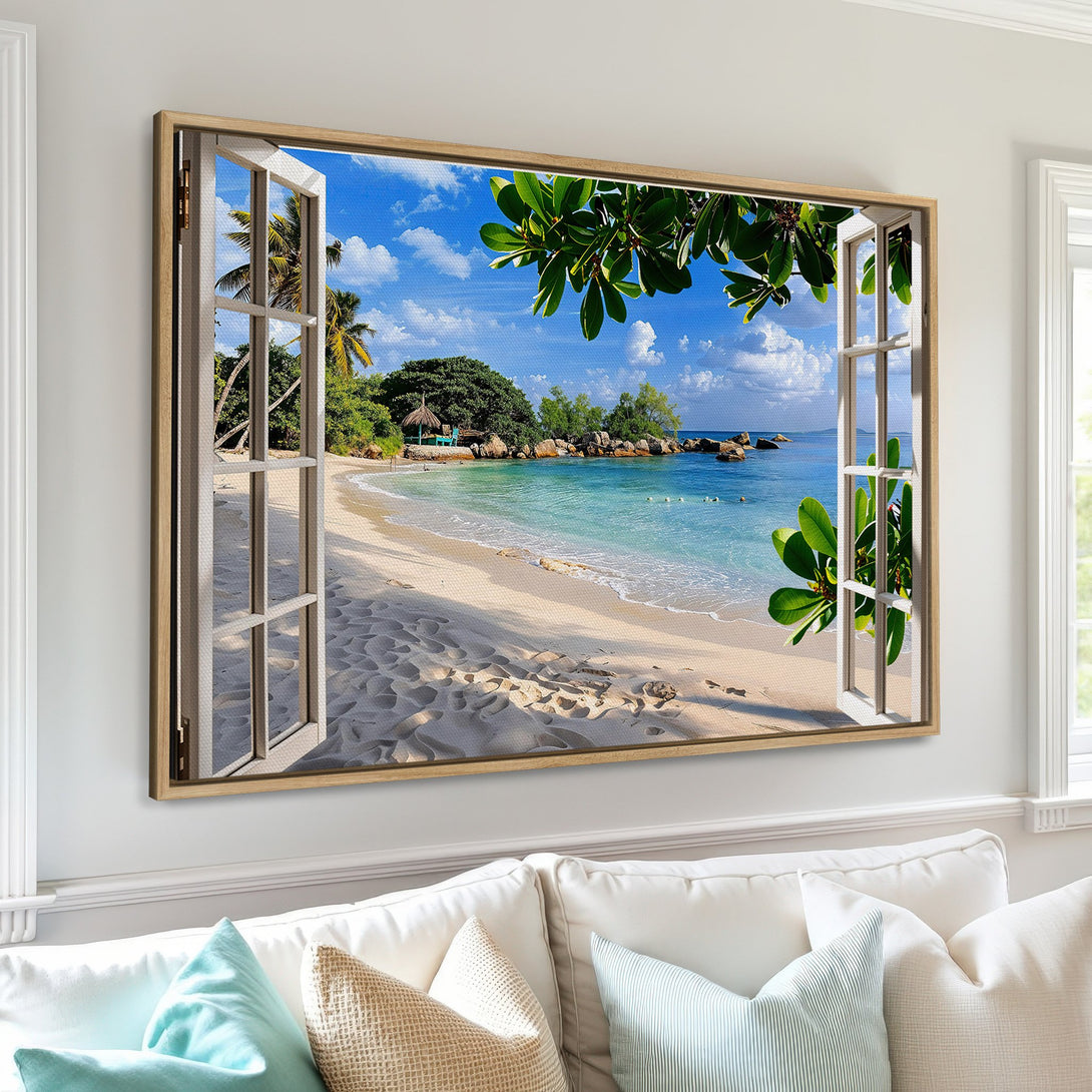Framed Wall Art: Tropical beach scene in blue, green, and beige tones. Coastal canvas print adds a serene touch to any space. Bring the beach home!