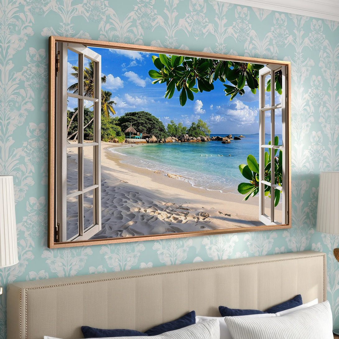 Framed Wall Art: Tropical beach scene Canvas Print. Coastal decor with blue, green, and sandy tones. Perfect for bedroom wall art.