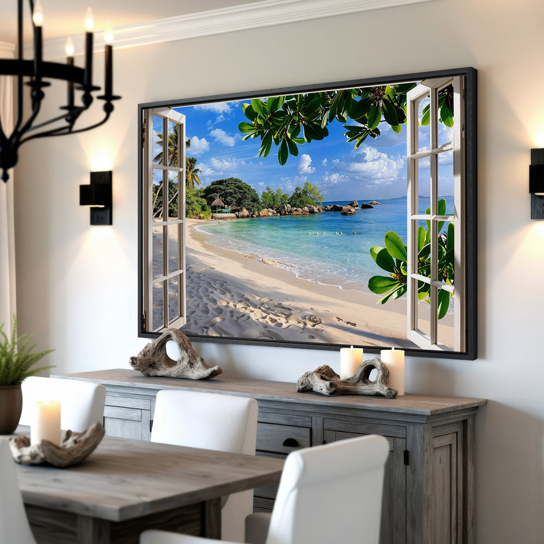 Framed Wall Art Canvas Print of a tropical beach scene. Blue, green, and white color palette creates a relaxing, coastal vibe. Perfect wall decor!