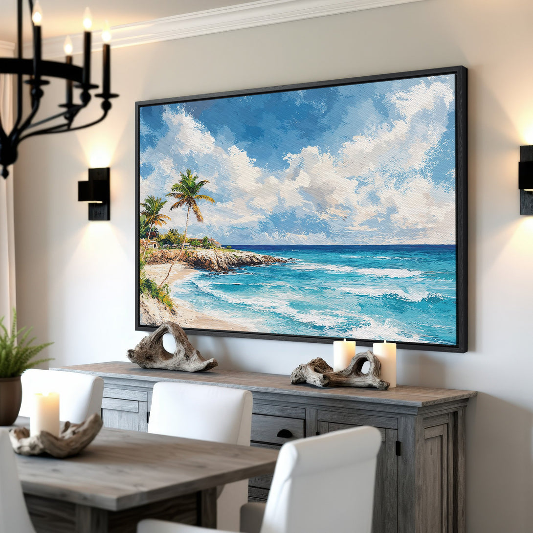 Framed Wall Art: Coastal beach scene Canvas Print in blue & white. Bring the ocean home! Perfect for adding a touch of tranquility to any space.