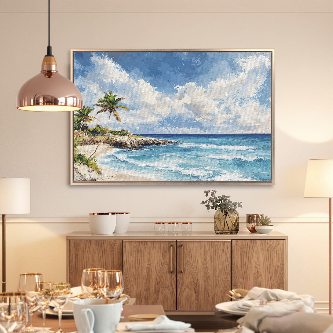 Framed Wall Art: Coastal landscape Canvas Print with blue, white, and green hues. Bring the beach vibes home!