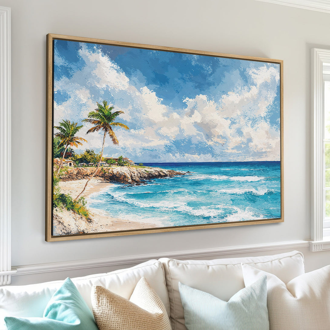 Framed Wall Art: Tropical beach scene Canvas Print in blue and white. Coastal artwork with palm trees and ocean waves, perfect for home decor.