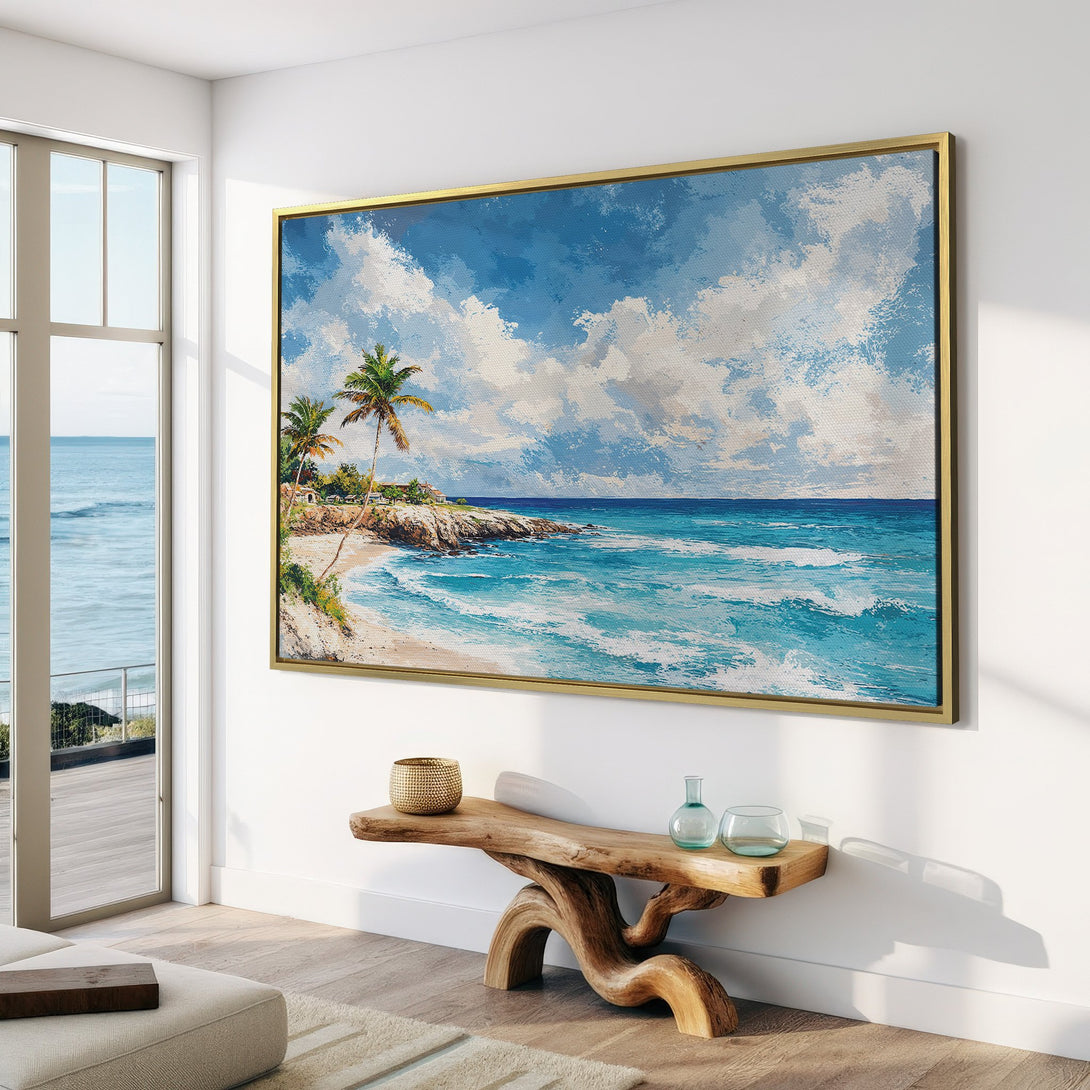 Canvas Print of a tropical beach scene in a coastal style. Blue and white color palette creates a serene, relaxing atmosphere.