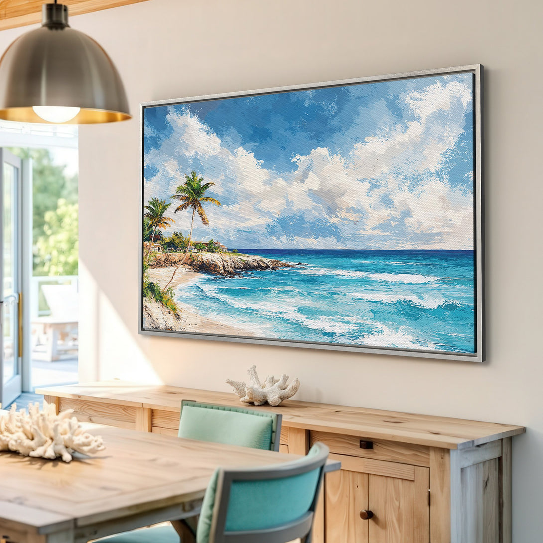 Framed Wall Art: Coastal scene Canvas Print with blue, white, and green hues. Bring the beach vibes home with this stunning artwork!