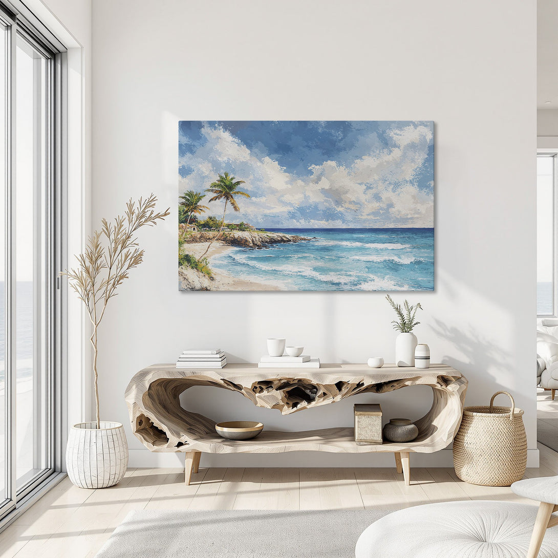 Framed Wall Art: Coastal landscape Canvas Print in blue & white. Textured brushstrokes depict a beach scene, perfect for adding a relaxed vibe to your home.