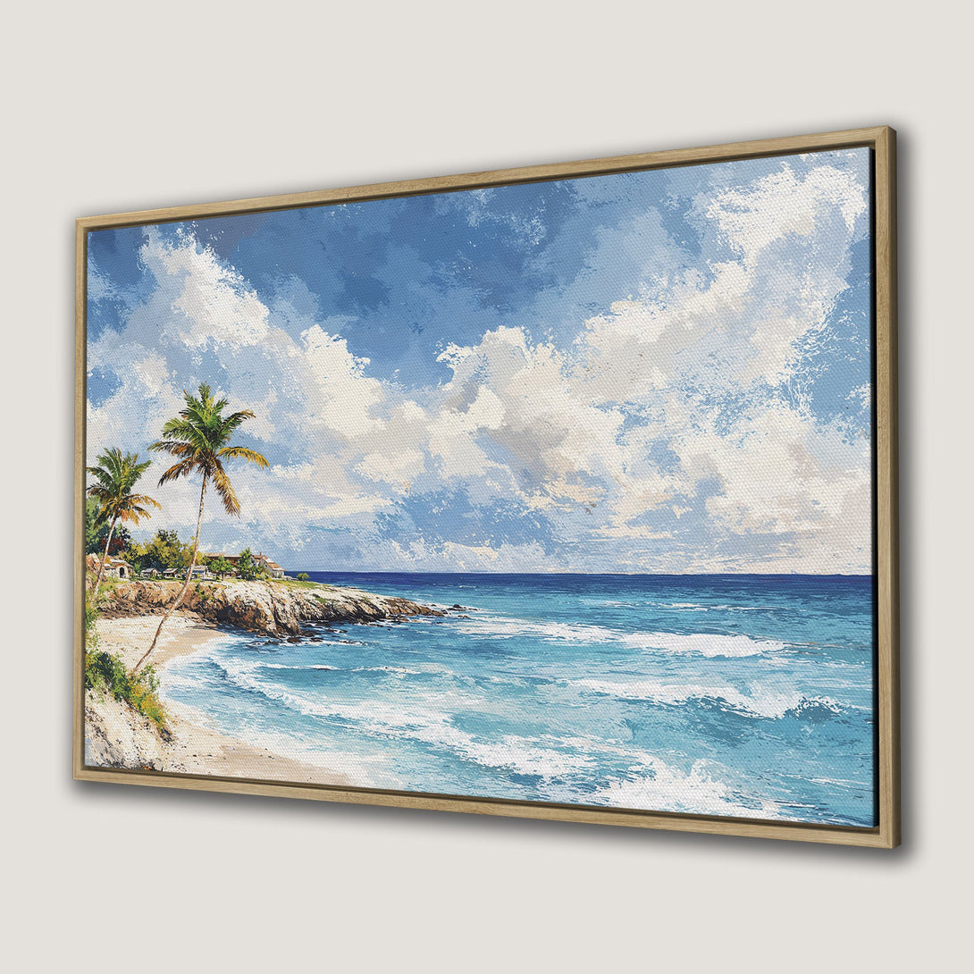 Framed Wall Art: Tropical beach scene canvas print in blue and white. Coastal artwork with palm trees, perfect for a relaxing vibe.