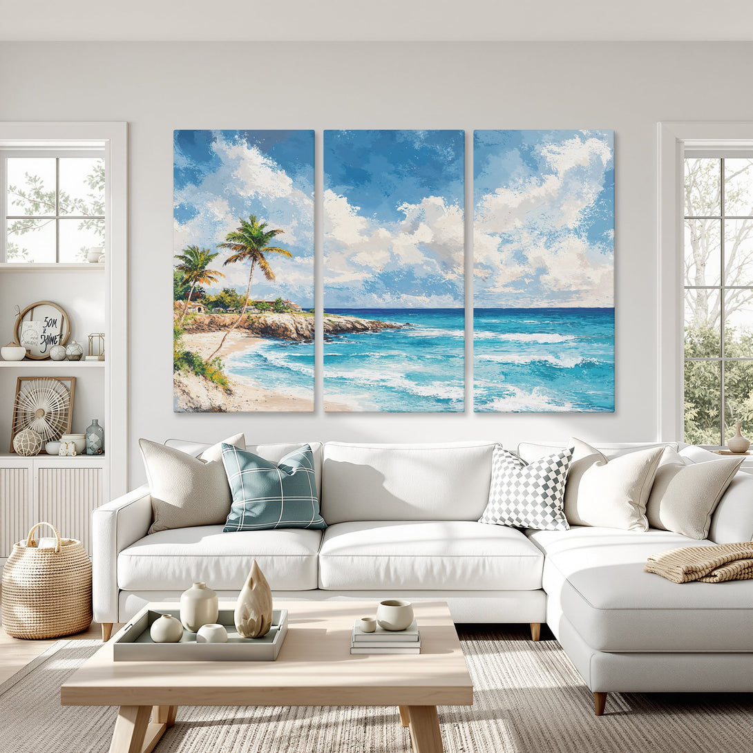 Canvas Print of a tropical beach scene in a painterly style, featuring blue, white, and green hues. Perfect coastal wall art.
