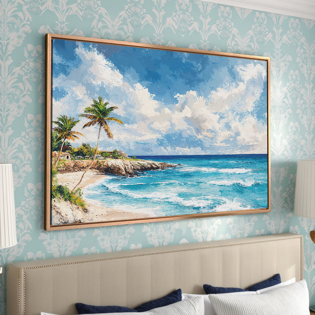 Framed Wall Art: Coastal beach scene Canvas Print with blue, turquoise, and white color palette. Perfect for adding a touch of serenity to your home decor.