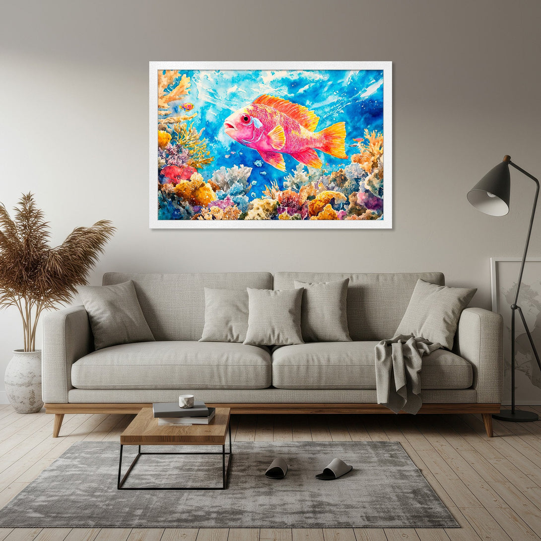 Framed Poster featuring a vibrant watercolor fish in a coral reef, with a blue, pink, and orange color palette. Perfect wall art!