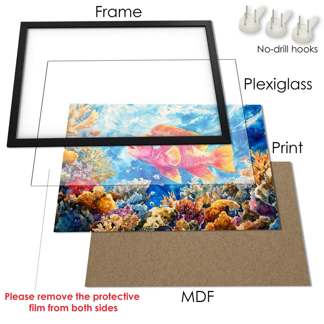 Framed Poster featuring a vibrant watercolor coral reef scene. Stunning art with a blue, orange, and pink color palette. Elevate your space!