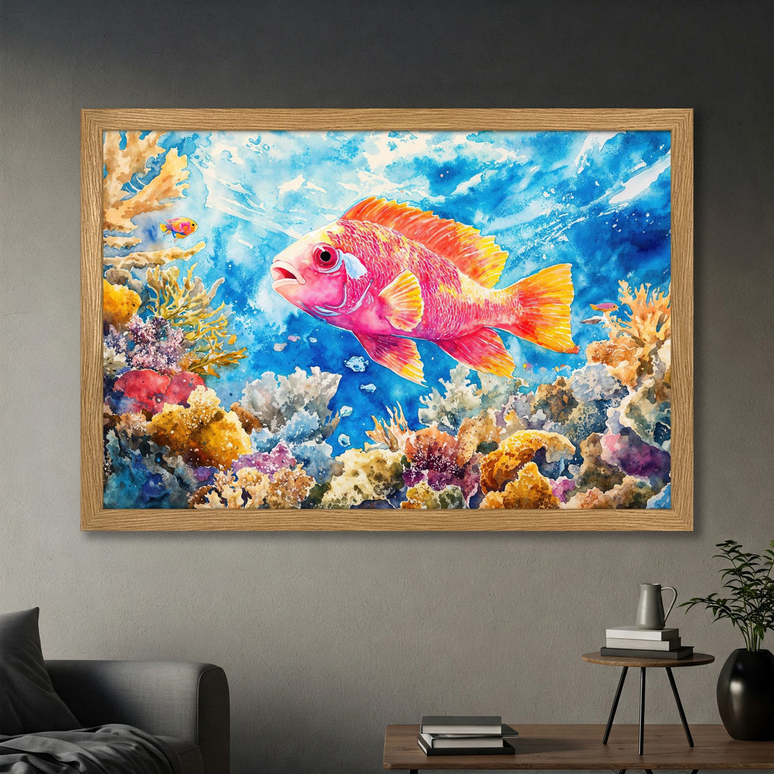 Framed Poster featuring a vibrant watercolor painting of a fish in a coral reef, with a blue, pink, and yellow color palette.