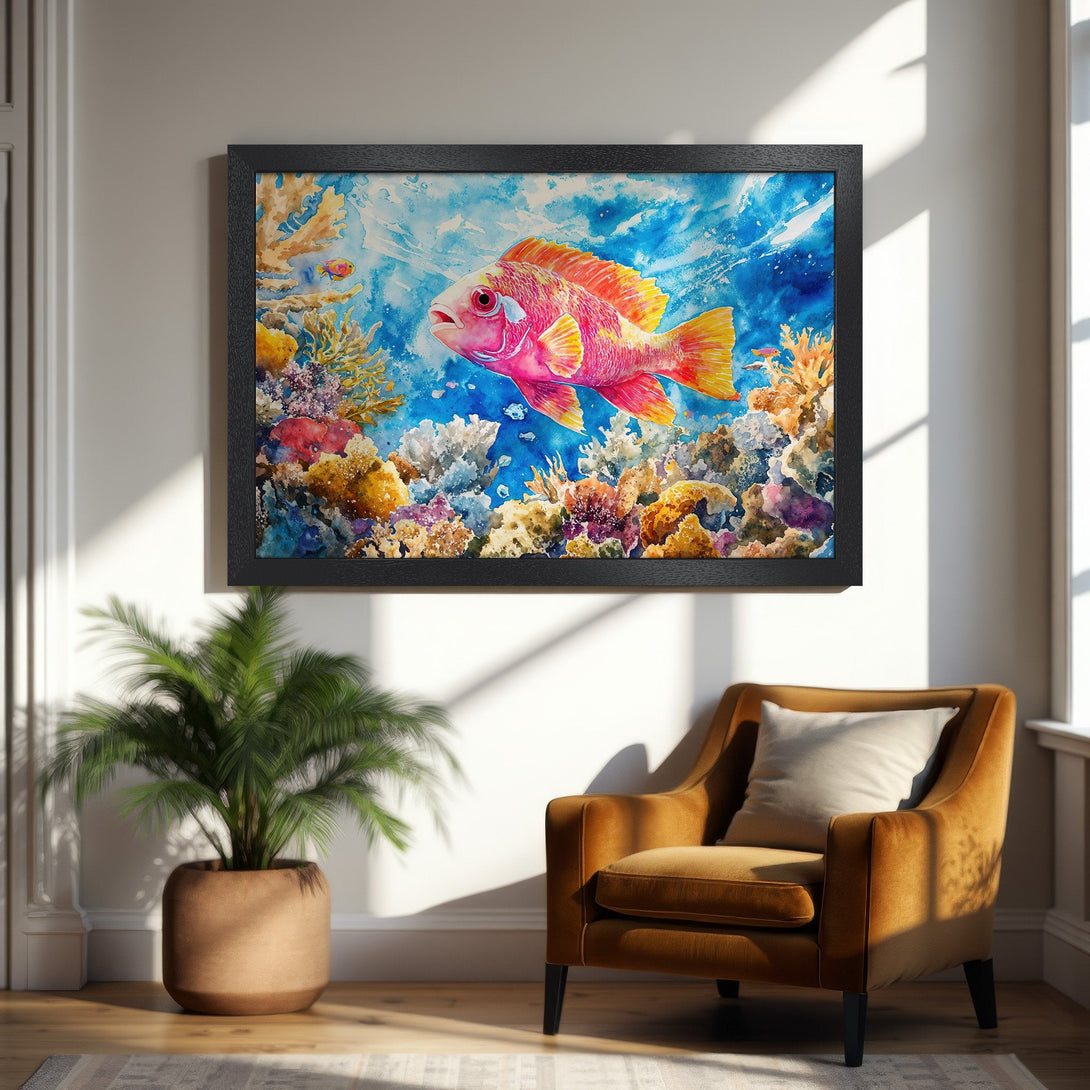 Framed Poster featuring a vibrant watercolor fish in a colorful coral reef. Adds a splash of art & color to any space!