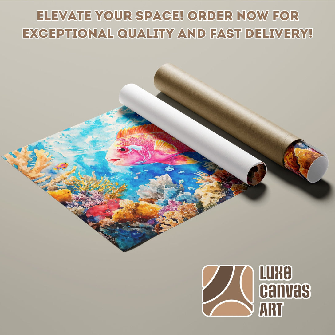 Vibrant watercolor Poster Roll featuring a colorful coral reef and fish. Elevate your space with art!