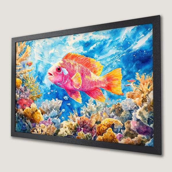 Framed Poster featuring a vibrant watercolor painting of a fish in a coral reef, with a blue, pink, and yellow color palette.