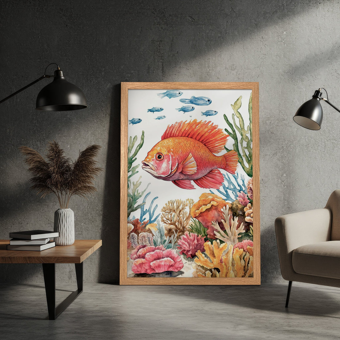 Framed Poster featuring a vibrant watercolor illustration of a red fish and coral reef. Perfect for adding a pop of color and coastal style.