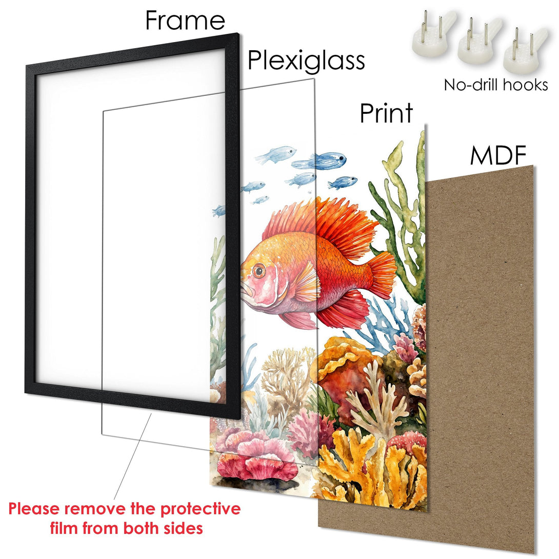 Framed Poster featuring a vibrant watercolor fish and coral reef scene. Beautiful warm color palette. Perfect wall art!