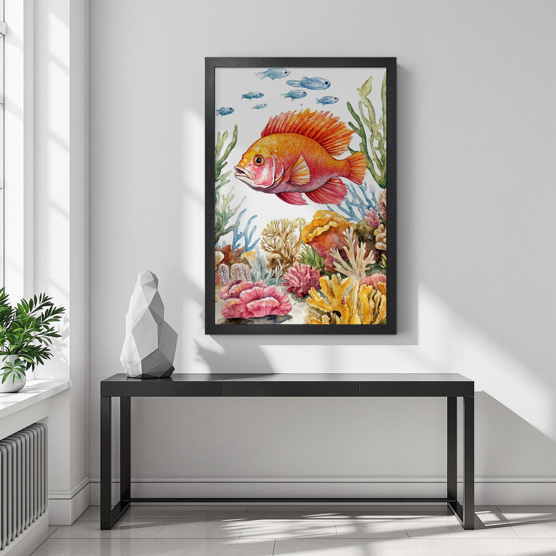 Framed Poster featuring a vibrant watercolor fish and coral reef art. Beautiful, colorful artwork in red, orange, and blue tones. Perfect wall decor!