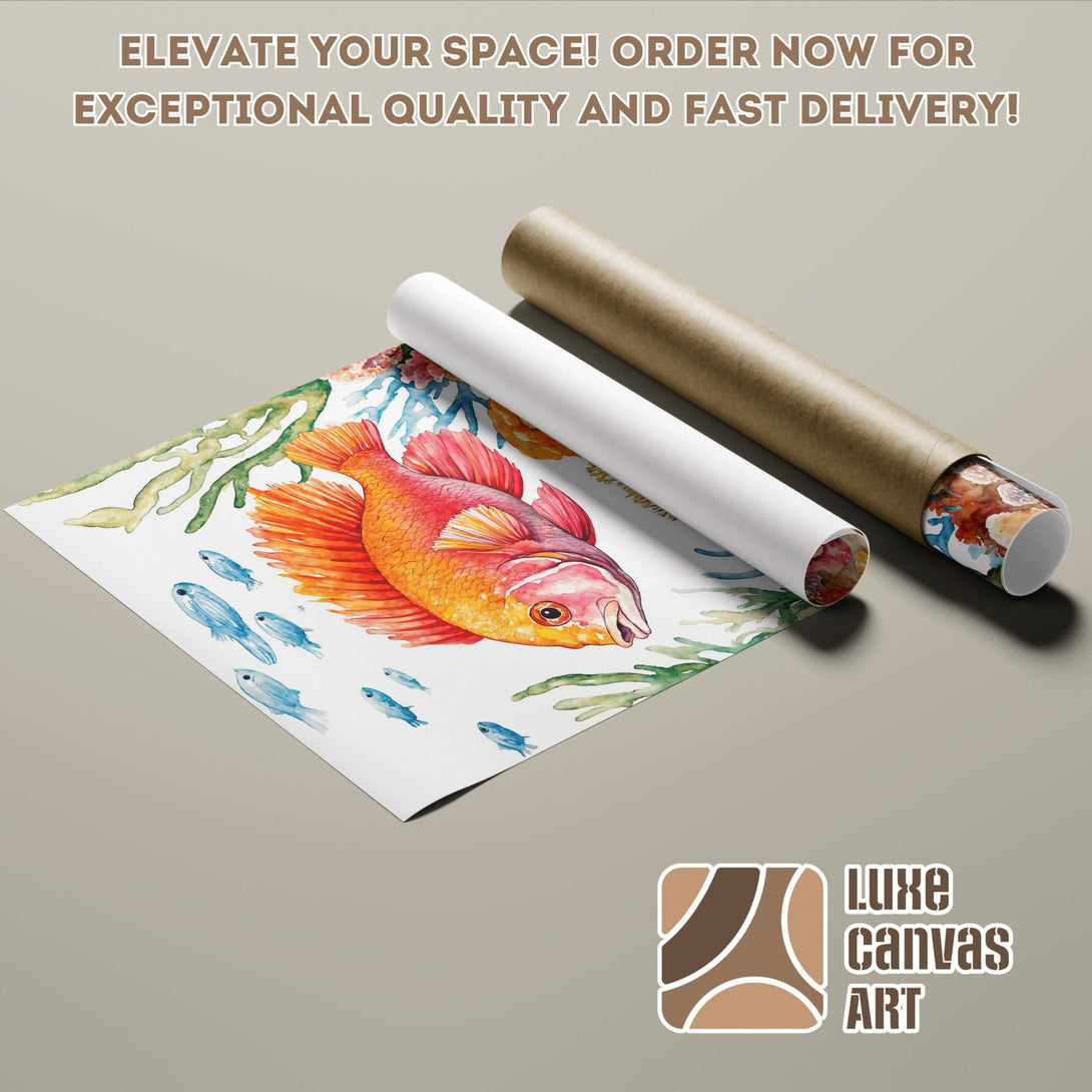 Watercolor Poster Roll featuring a vibrant orange fish, blue fish, and green seaweed. Warm color palette.