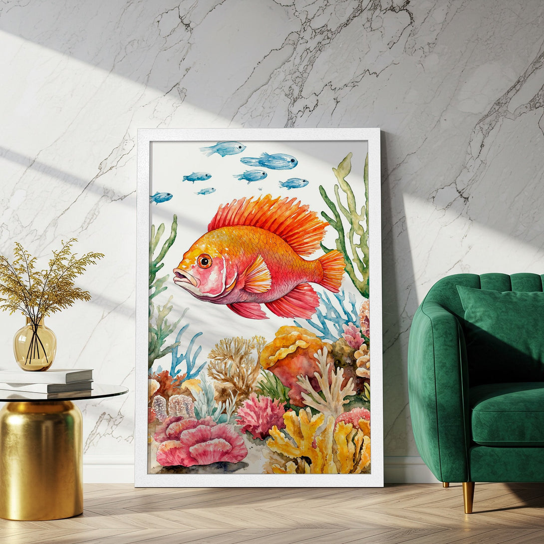 Framed Poster featuring a vibrant watercolor illustration of a fish and coral reef. Warm, colorful palette for a stylish home decor.