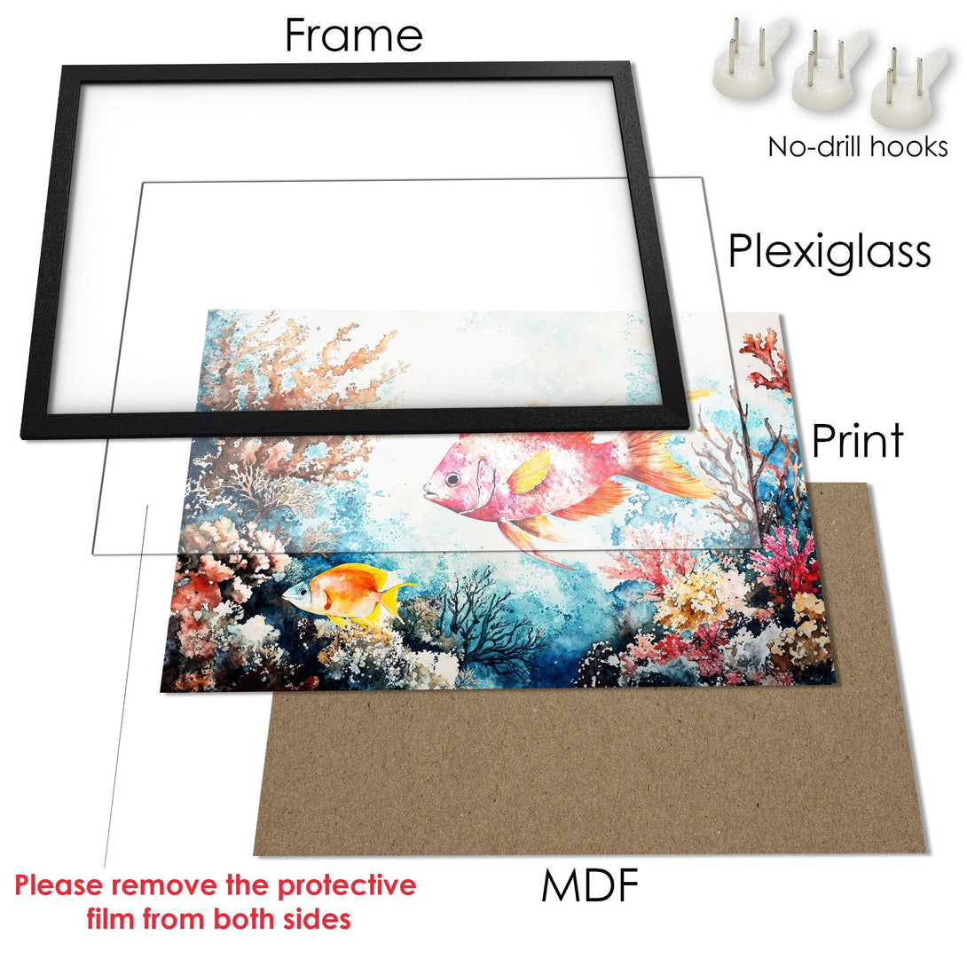 Framed Poster featuring vibrant watercolor fish art. Stunning aquatic scene in blue, coral, and yellow hues. Perfect wall decor!
