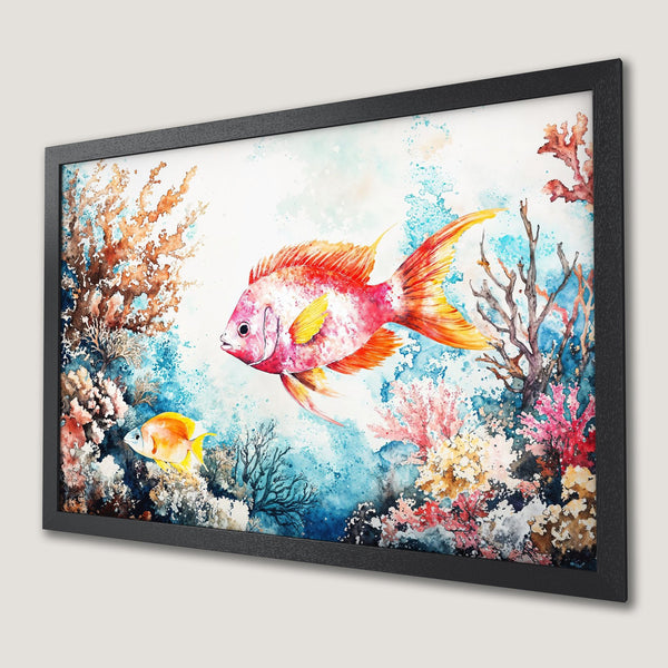 Framed Poster featuring watercolor fish and coral reef art, vibrant red, yellow, and blue color palette. Perfect wall art!