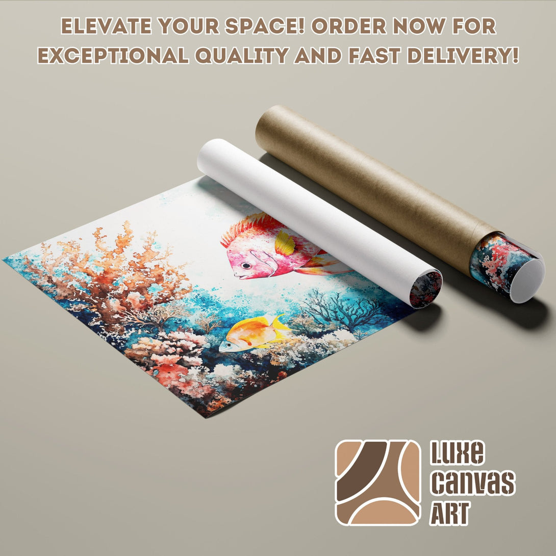 Watercolor Poster Roll featuring vibrant fish and coral reef art. Elevate your space with beautiful art!